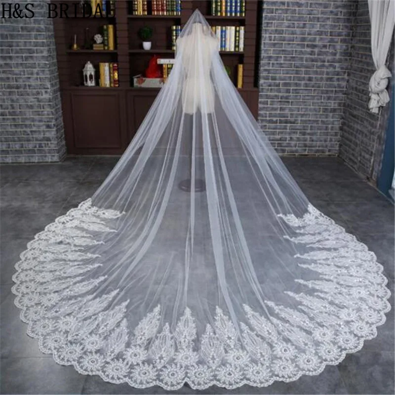 

H&S BRIDAL Veils 3 Meters Ivory Cathedral Wedding Veils Long Lace Edge Bridal Veil with Comb 2019 Wedding Accessories
