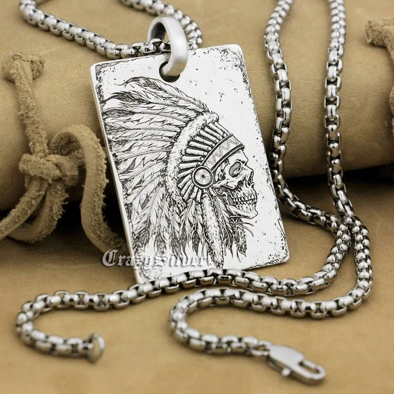 Fashion High Precision Deep Engraved Character Tags Solid 925 Sterling Silver Cool Men's Biker Indian Chief Skull Pendant 9X002 |