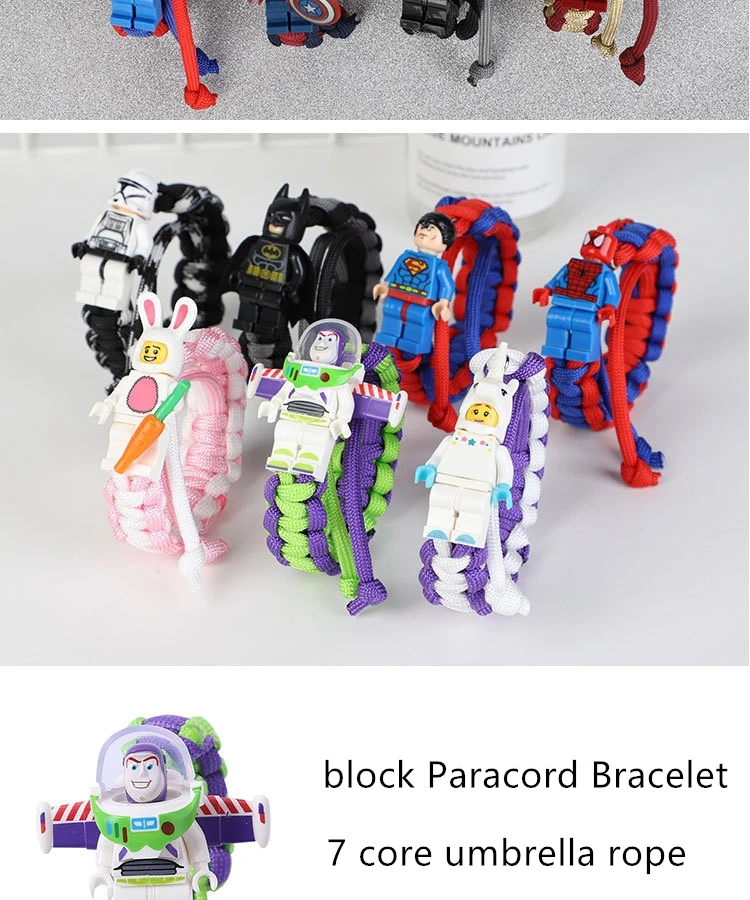 Buzz Lightyear Paracord браслет для детей супергерой Железный человек розовый Бэтмен Дарт Вейдер кролик Единорог строительные блоки кирпичи игрушки
