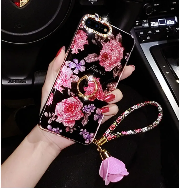 Marchcover для iPhone X 8 7 6 S Plus блестящий цветок розы бриллиантовое кольцо подставка