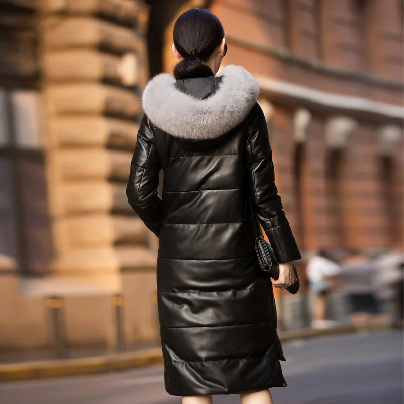 Женская длинная куртка из натуральной кожи новинка 2017 пальто овчины с лисьим
