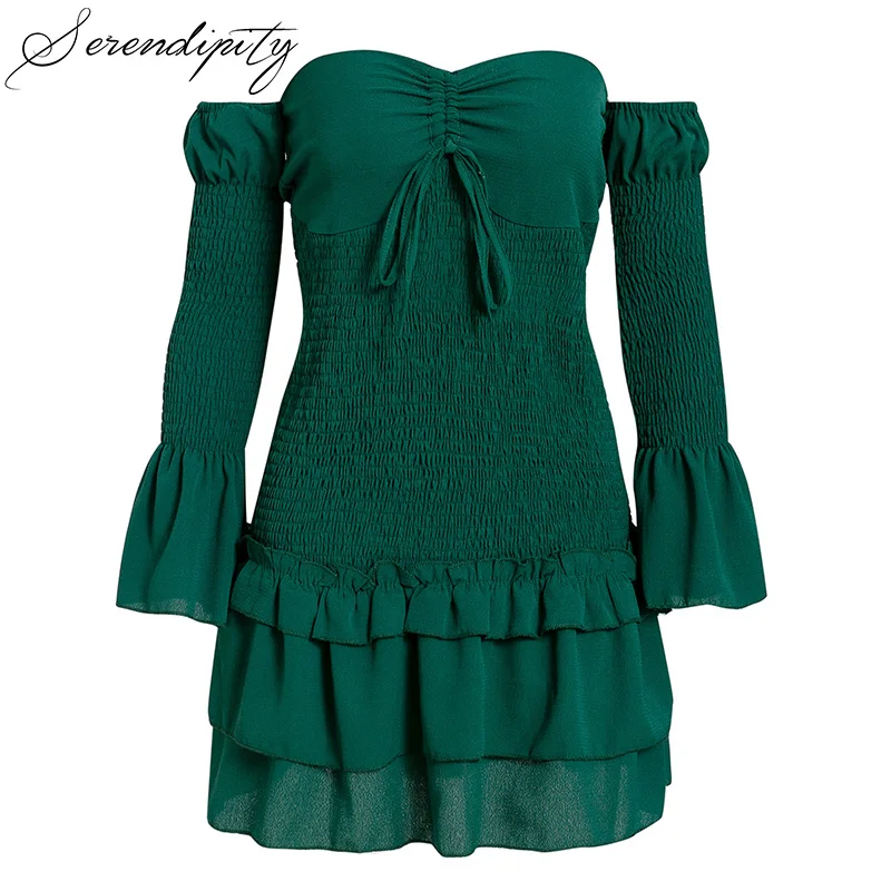 SRDP Сексуальное женское платье с открытыми плечами рюшами элегантное пышными