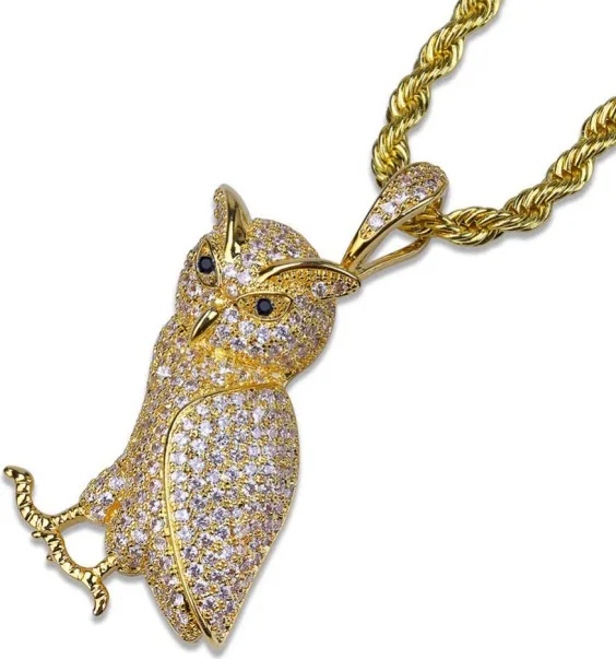Gold Хип-хоп животное ожерелье Медь золотой Iced Out микро проложить CZ камень ожерелье с кулоном в виде совы 2" Нержавеющая сталь Веревка Цепь - Окраска металла: Gold