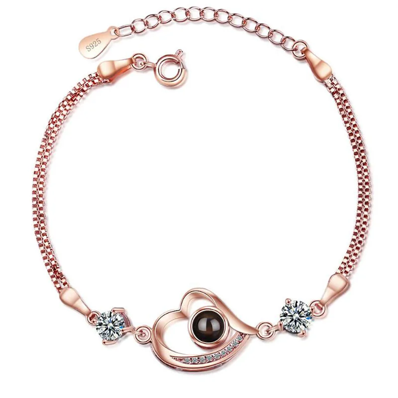 

Romantic Projection I Love You Rose Gold Zircon Love Heart Bracelet Girl Jewelry 925 Silver Bracelet Women Valentine's day Gifts