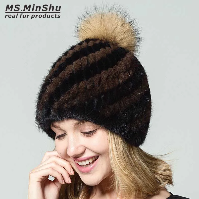 

Ms.MinShu Mink Fur Beanies Cap With Fox Fur Pompoms For Women Female Cap Winter Knitted Real Mink Fur Hat Women Bobble Hat