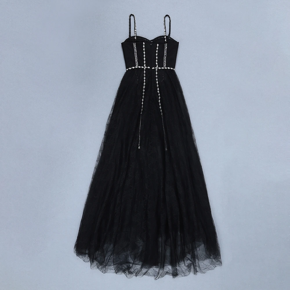 Elegant Party Dress Women Black Long Celebrity Night Club Dresses Summer Beading Sexy Strap Lace | Женская одежда