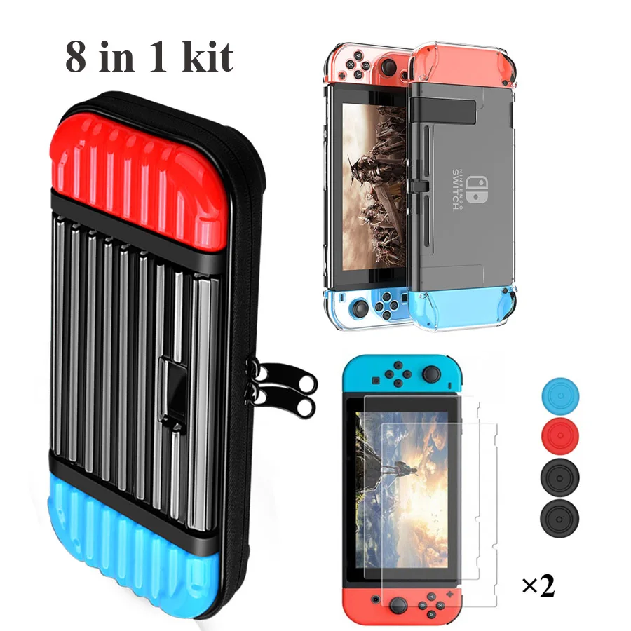 8 in 1 kit Чехол для переноски с переключателем, сумка для хранения и 2 пленки из закаленного стекла и Кристаллическая оболочка и 4 аналоговых колпачка для nintendo Switch - Цвет: 8 in 1 kit