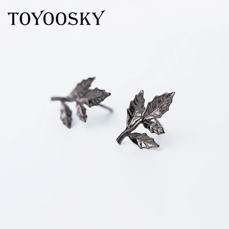 Аксессуары для ушей в виде листа из серебра 925 пробы с черной эмалью|stud earrings|earrings