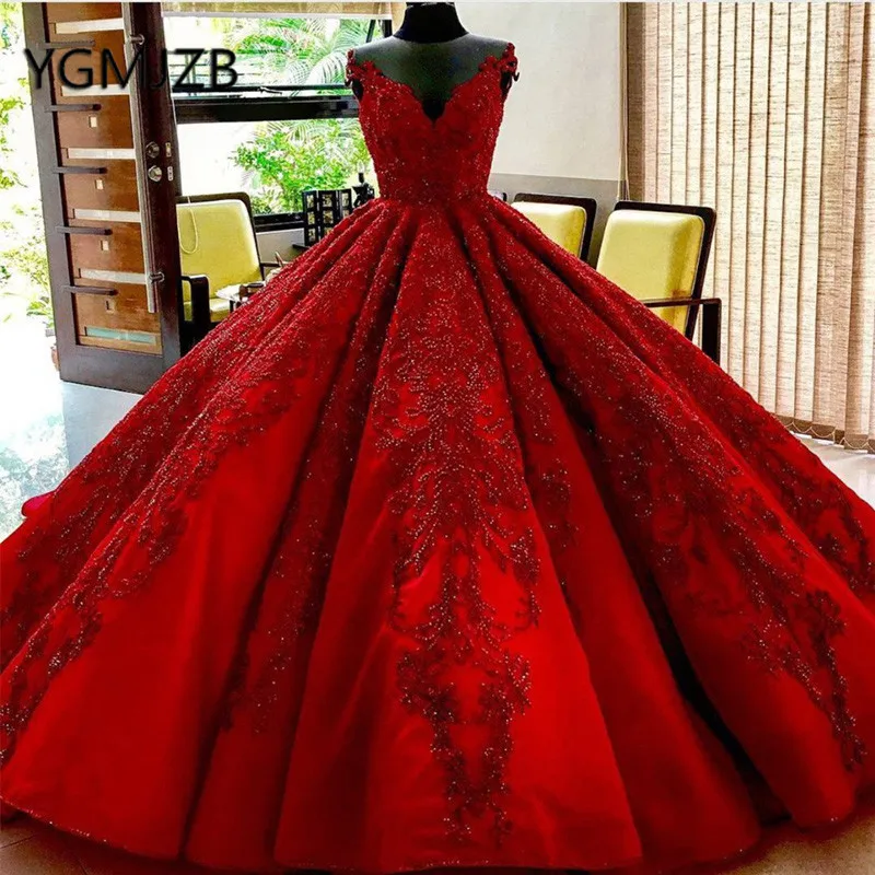 Robe De Mariee, роскошное бальное платье, свадебные платья, пышное v-образное декольте с аппликацией из бисера кружевное свадебное платье из Саудовской Аравии