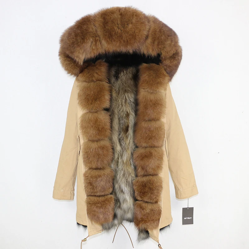 camel brown OFTBUY, пальто с натуральным мехом, зимняя куртка, Женская парка, натуральный Лисий мех, уличная одежда, Толстая теплая съемная верхняя одежда, длинные парки, новинка - Цвет: camel brown