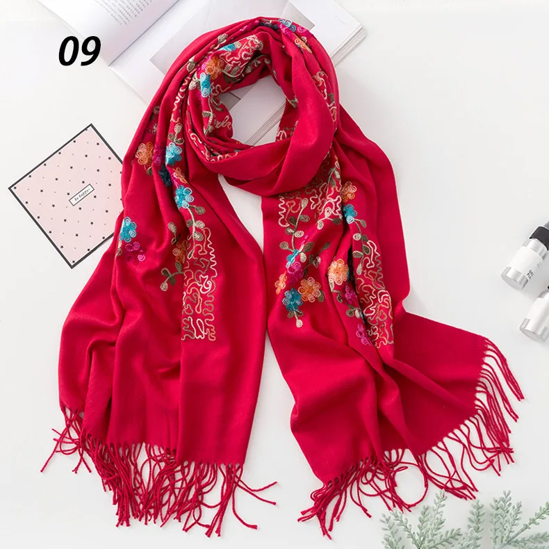 09 Wine Red Scarf Новинка, Sparsil, стильный Для женщин зимние кашемировые шарфы теплый с кисточкой, с цветами и вышивкой шаль для отдыха пашмины 70x200 длинный шарф хиджаб - Цвет: 09 Wine Red Scarf