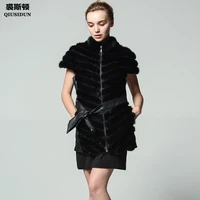 qiusidun 2017 new style real mink fur vest fashion belted winter female fur coat sleeveless round neck russia big size 6xl black