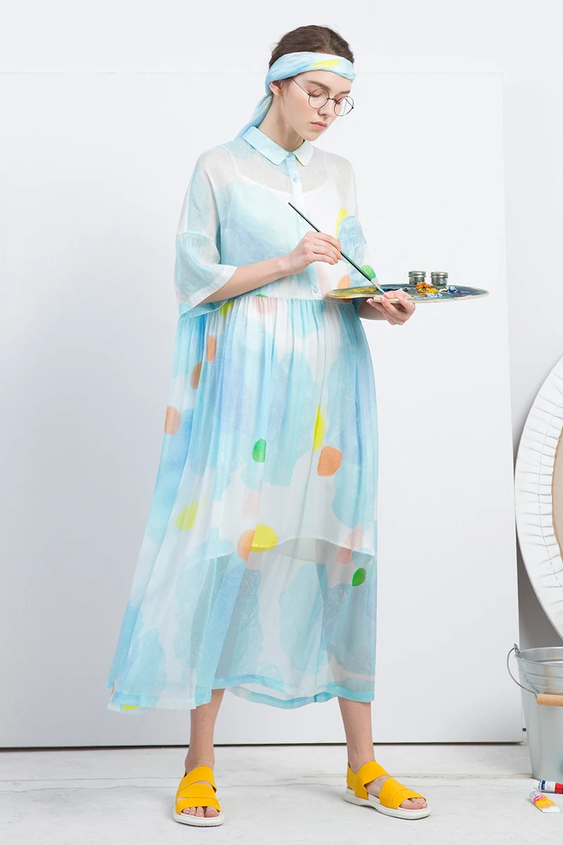 

new arrival 2018 original print women loose long silk shirt dress summer
