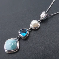 natural larimar 925 sterling silver antique design blue topaz genuine stone pearl charm pendant for women gift