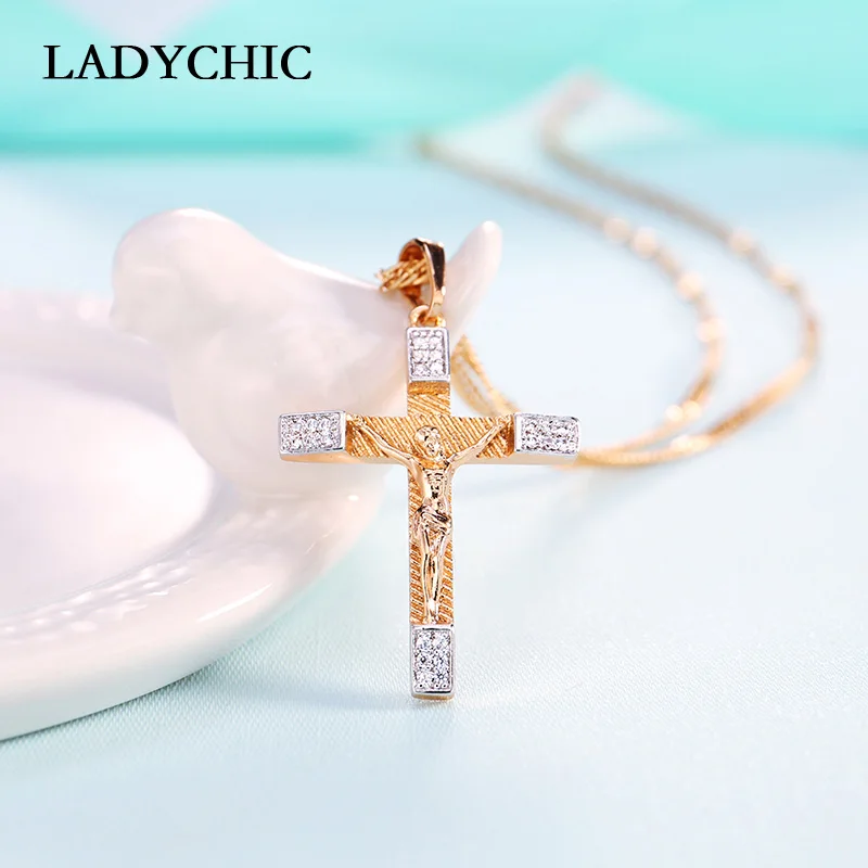 LADYCHIC Золото Цвет кубического циркония сплава крест кулон ожерелье женский шарм