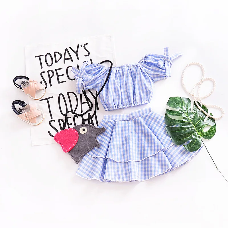 Комплект детской одежды из 2 предметов для девочек Синий клетчатый топ с пышными