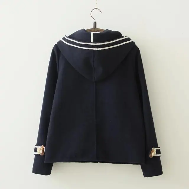 High quality women horn button sweet preppy style woolen Jackets winter female navy Japan student Teens blue coat | Женская одежда