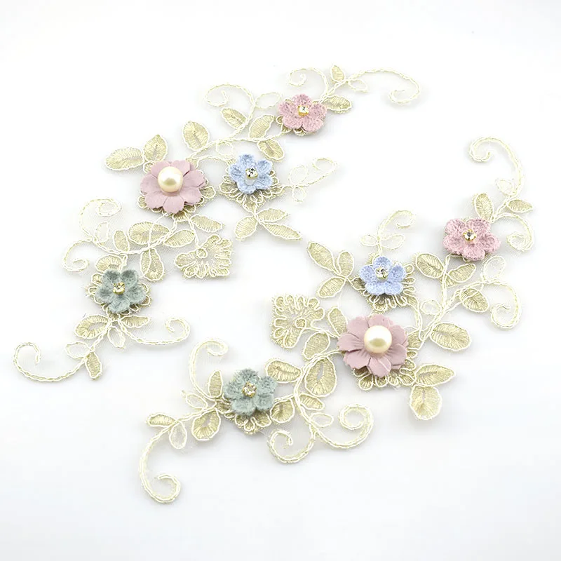 2Pcs Water Soluble Embroideried Lace Applique Gold Flower Bead Trims Wedding Decoration Dress DIY Sewinig AccessoriesKY2201 | Дом и сад