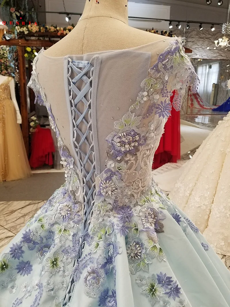 Sky Blue Satin Flowers Appliques Crystal Luxury Long Evening Dresses 100% Real Gown 2021 Vestido De Festa KC602 | Свадьбы и