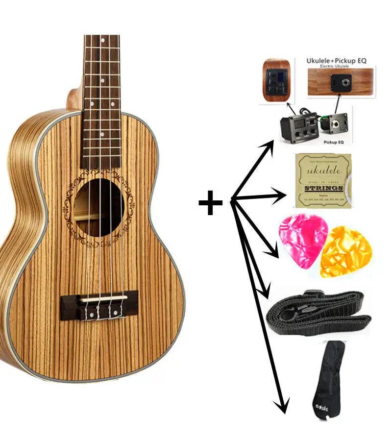 Electric Uku and all 23 дюймов Гавайские гитары укулеле концертная Зебра Дерево Гавайи 4 струны гитара электрическая Ukelele гитары ra музыкальный инструмент гитар с звукоснимателем эквалайзером - Цвет: Electric Uku and all