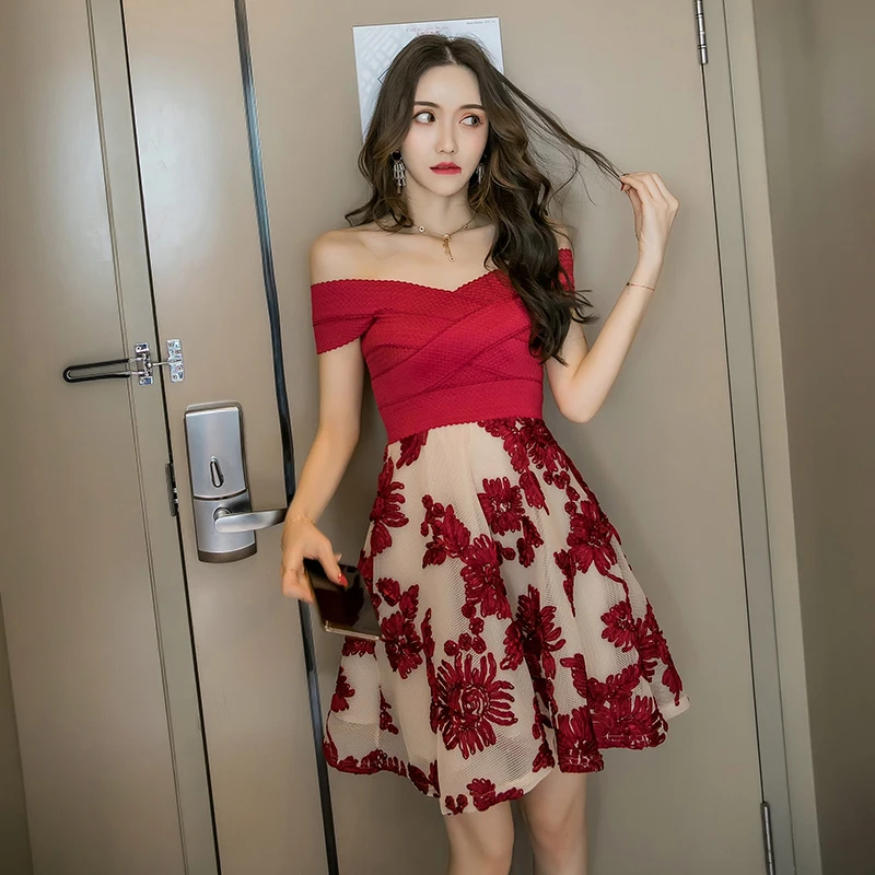 LISM Мини Цветочная вышивка Vestidos De Festa Высокая талия Slash шеи красное платье Летняя