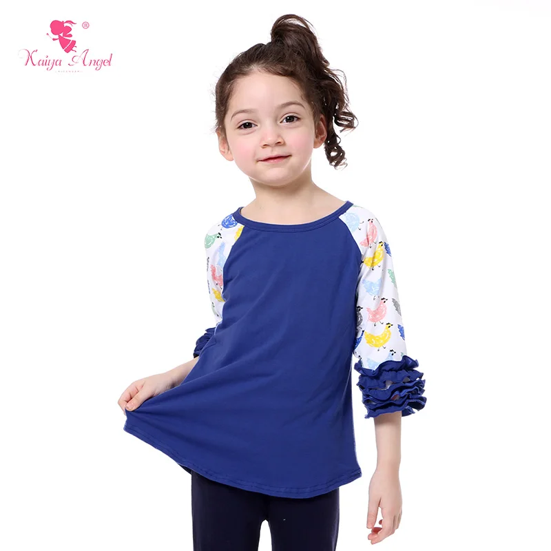 2018 рубашки для маленьких девочек реглан с оборками и рукавом 3/4 топ принтом в виде