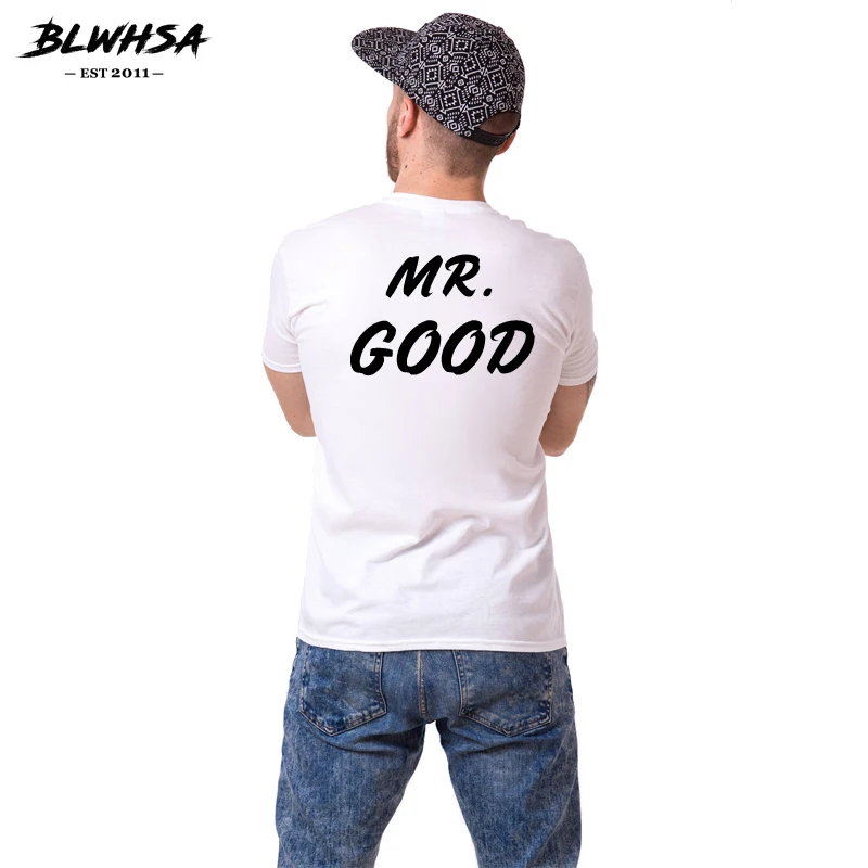 Парные футболки BLWHSA с надписью MR.GOOD MRS.LIFE хлопковые коротким рукавом и круглым