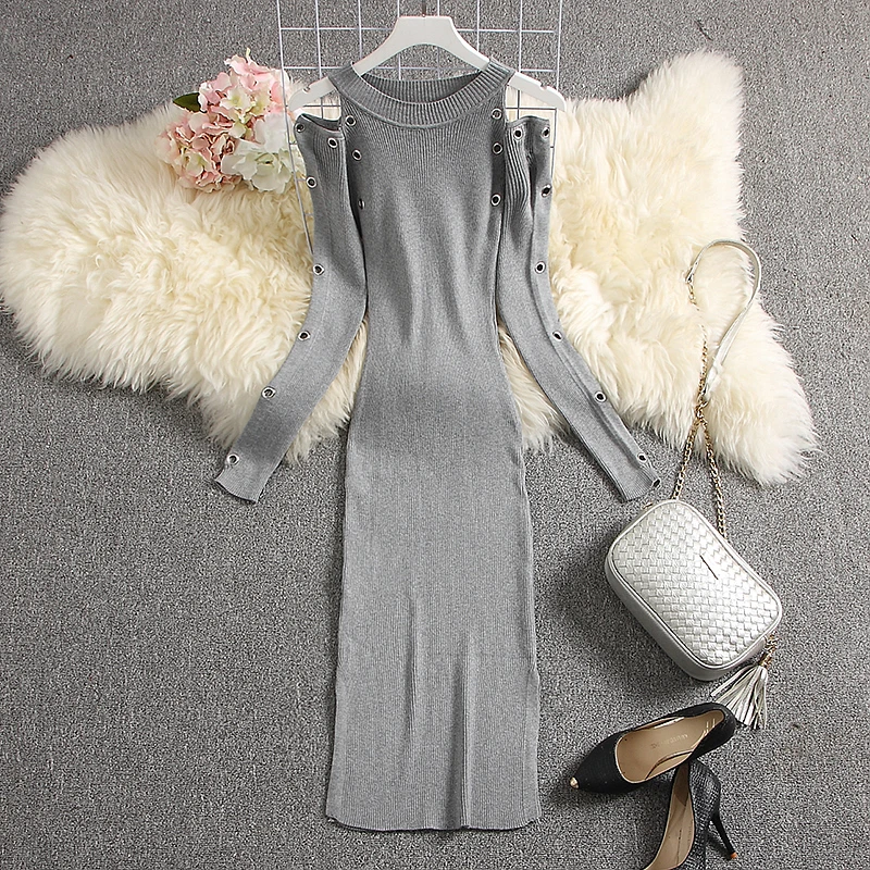 Женское вязаное платье ALPHALMODA с открытыми плечами и металлическими отверстиями