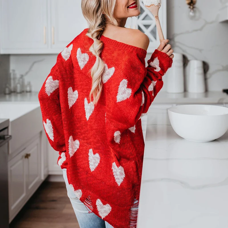 Женский свитер с красным сердцем тонкий трикотажный Повседневный пуловер