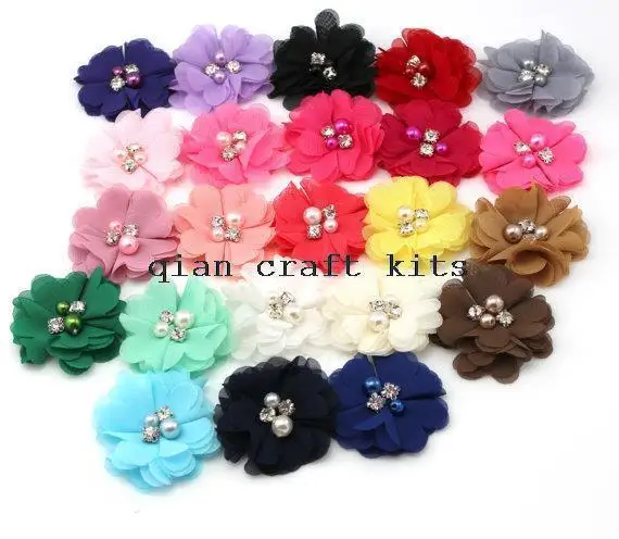 

50pcs 2" Petite Chiffon Flowers with Pearls and Rhinestones Chiffon Flowers Hair Flowers Pearl Rhinestone Chiffon flower