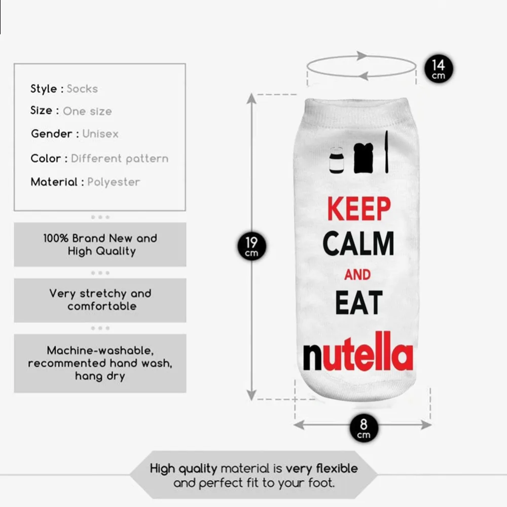Keep calm and eat Nutella носки с 3D принтом Мужские Женские носки женские короткие носки