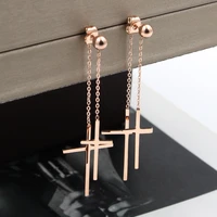 fashion love bead ball tassel double cross long drop earrings rose gold color stainless steel woman party christmas gift