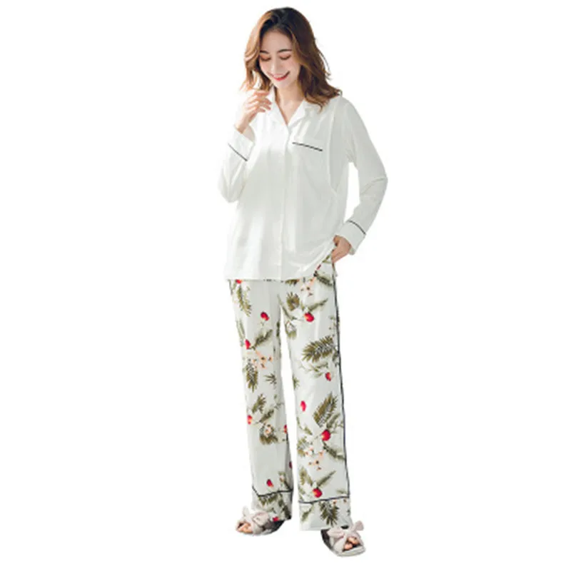 

Cotton Nursing Pajamas Sets Pure white Cardigan+Pattern Trousers Maternity Striped Sleepwear Turn-down Collar Pregnant Women