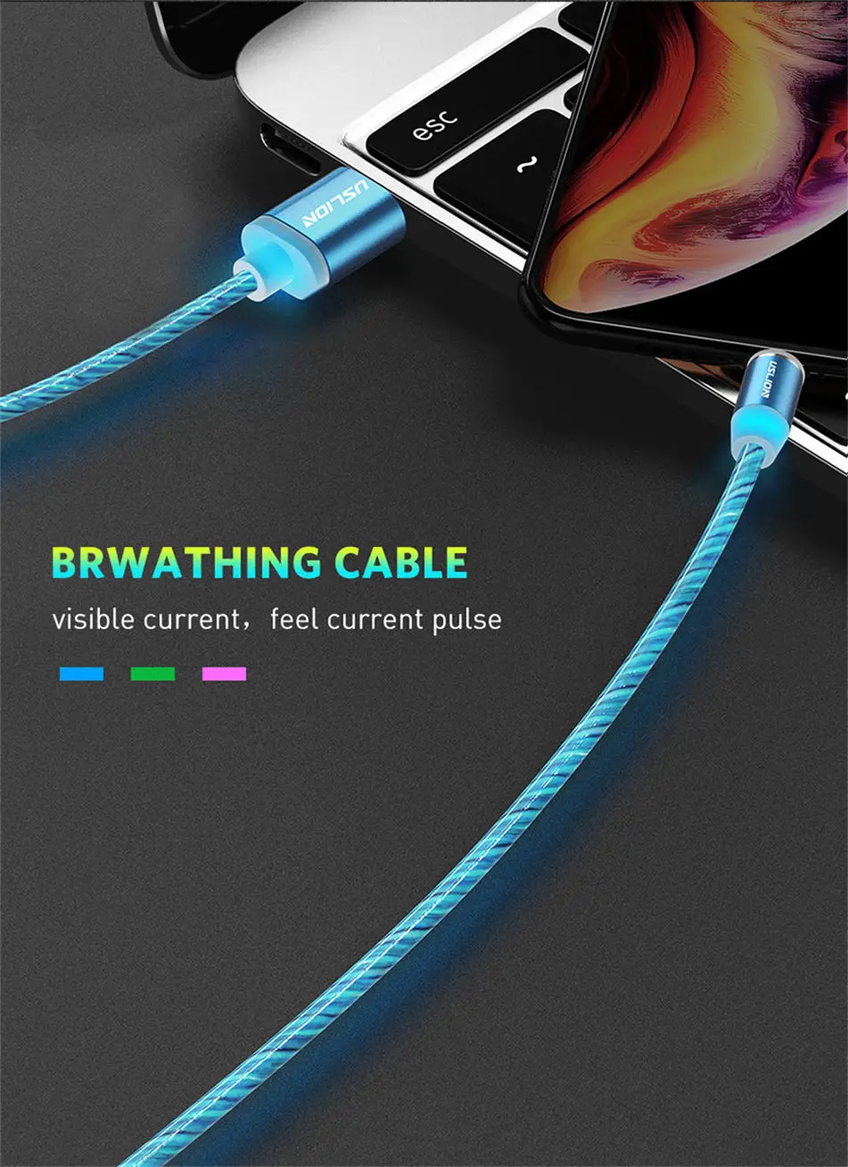 Светодиодный светящийся Магнитный usb-кабель USLION для iPhone, huawei, samsung, кабель USB type-C и зарядное устройство Micro usb для телефона, кабель-светильник
