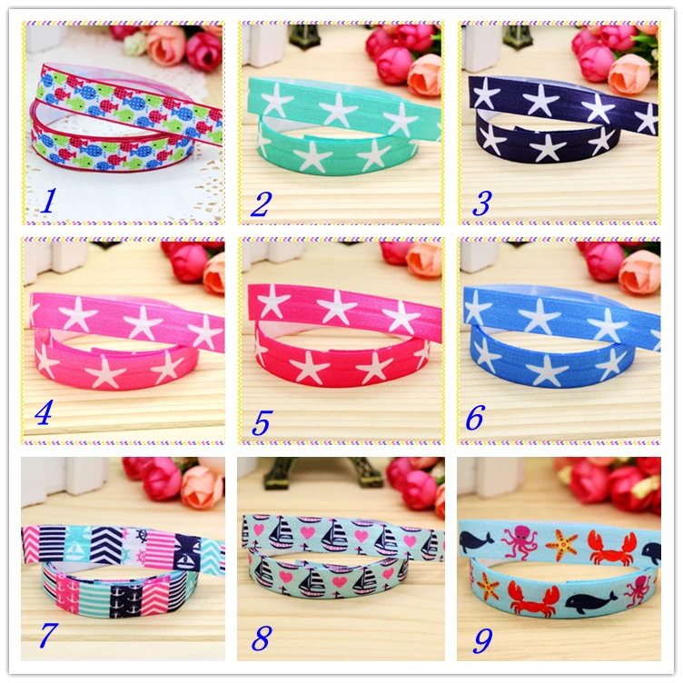 

5/8'' Free shipping Fold Elastic FOE navy anchor starfish printed headband headwear hairband diy decoration wholesale OEM D71