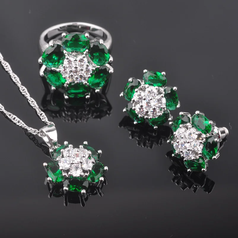 Цветок зеленый камень кубического циркония для женщин с серебряным покрытием