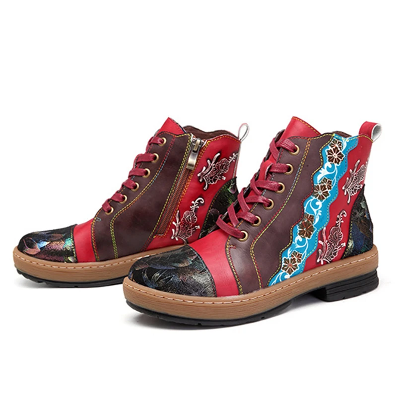 Buono Scarpe Для женщин ботильоны на шнуровке с боковой молнией в стиле пэчворк в этническом стиле полусапожки обувь ручной работы в богемном стиле Стиль обувь Mujer