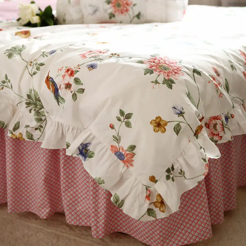 

Hot European pastoral bedding set ruffle flowers with bird duvet cover classic plaid bedspread wrinkle bed sheet bedding sets