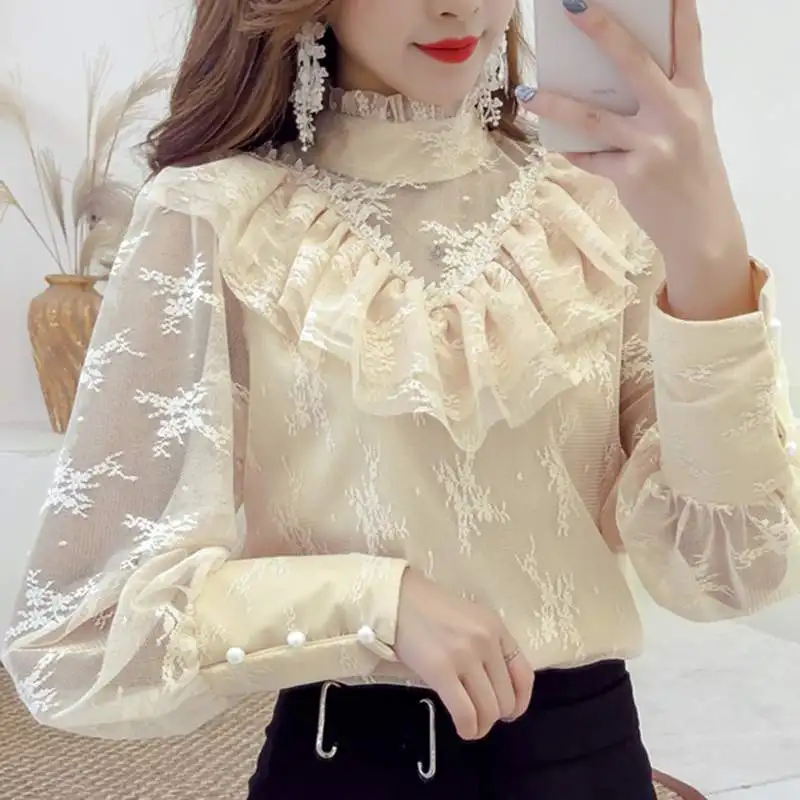 2020 Spring New Arrival Lace Top Fashion Ruffles Design Women Long Sleeve Shirt Floral Elegant Tunic Tops Mesh Blusas UX30 |