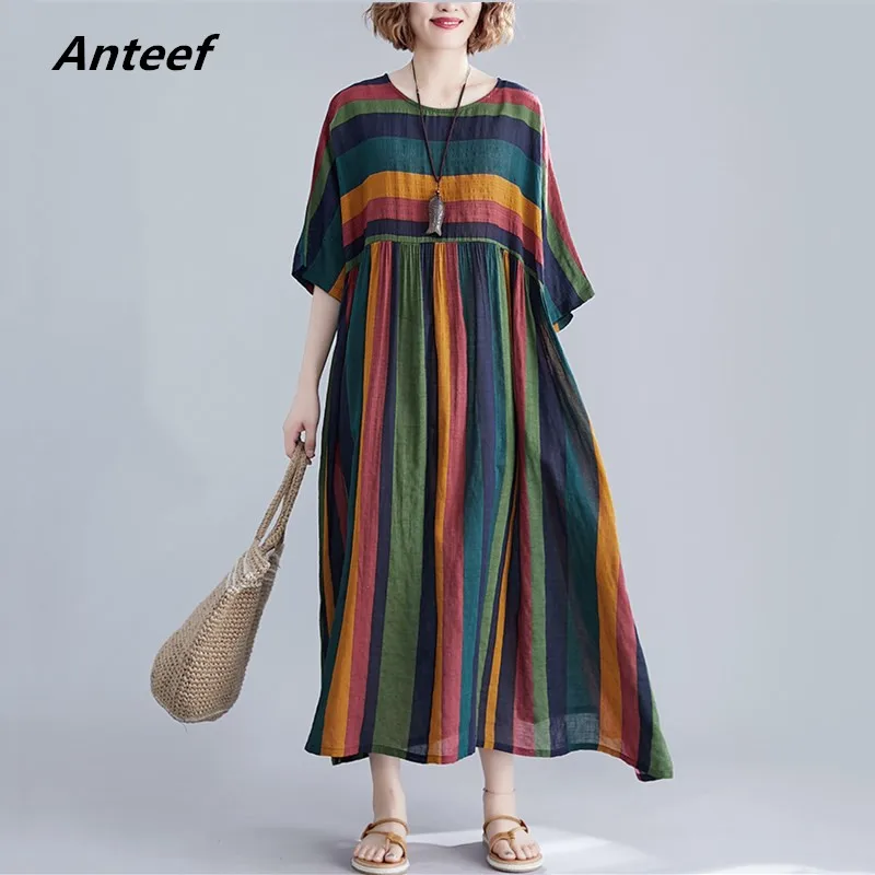 

Anteef short sleeve oversize cotton vintage stripe dresses for women casual loose long woman summer dress elegant clothes 2022