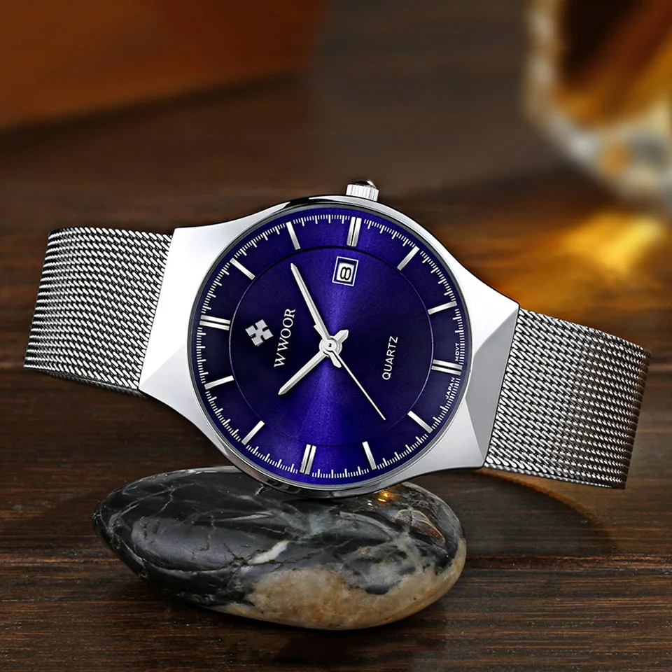 Часы WWOOR Мужские кварцевые аналоговые из нержавеющей стали ультратонкие