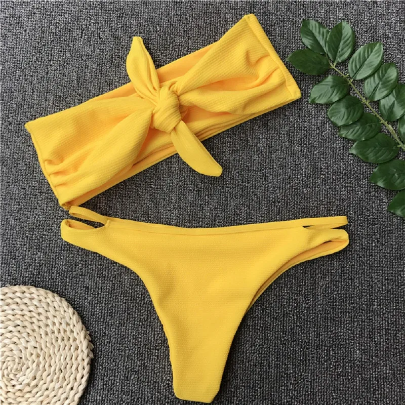 

Women Chest Knot Bikini Set 2018 Summer Brazilian Biquini Bandage Bikinis Set Push-up Pure Yellow Swimsuit Bathing Suit Swimwear