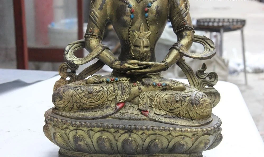 Тибетская Храмовая бронзовая фигурка медная долговечность Amitayus Kwan-Yin статуя