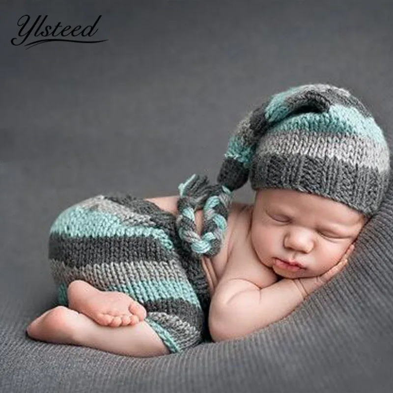 Newborn Baby Photography Props Crochet Costume Stripe Hat Pants Set Infant Outfit for Photo Shooting Boy Prop | Детская одежда и