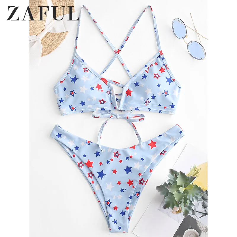Женский купальник бикини ZAFUL v образный вырез с принтом в виде звезд перекрестный