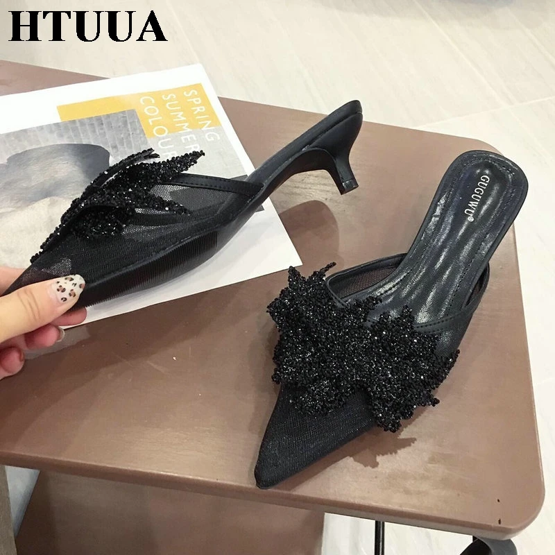 Женские босоножки без задника HTUUA с острым носком и блестками элегантные