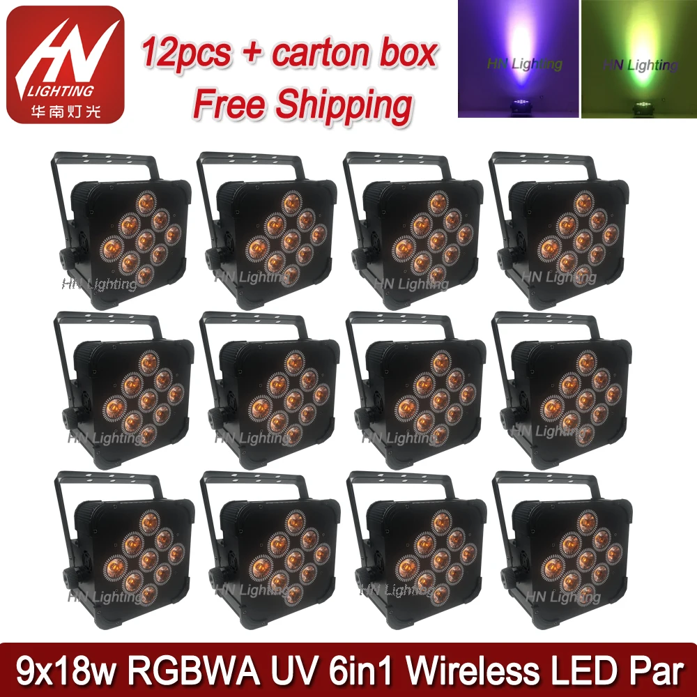 

12pcs Hot Selling 9X18W RGBWA UV 6in1 dmx wireless battery powered led par wedding uplight