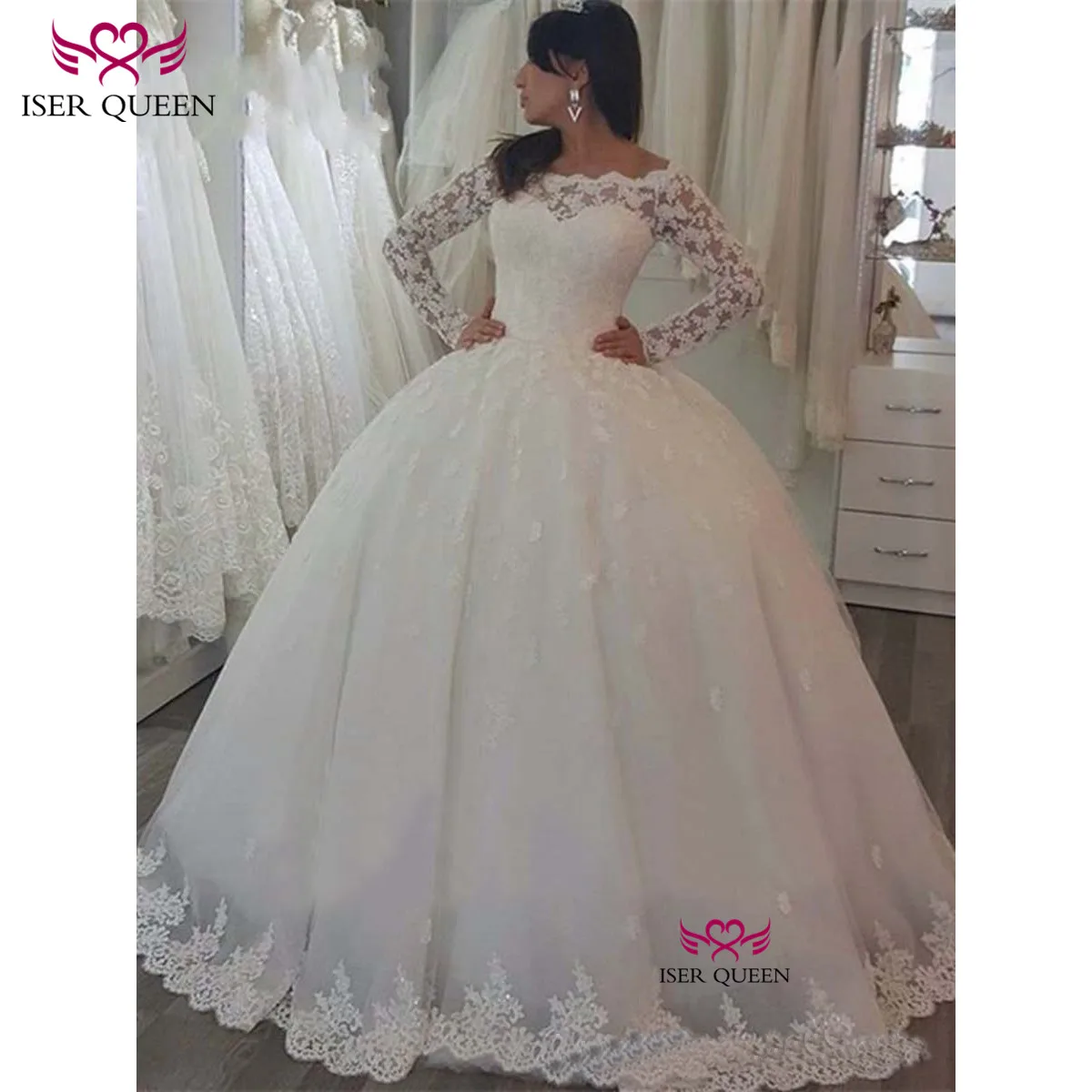Вырез лодочкой Длинные рукава вышивка молния невесты платья vestido de noiva Иллюзия