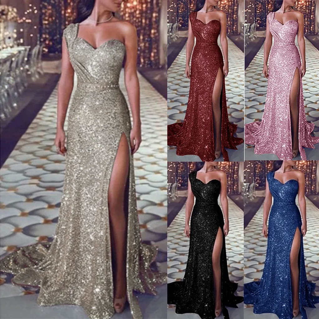 Женское вечернее платье золотистого цвета с блестками длинное v-образным вырезом