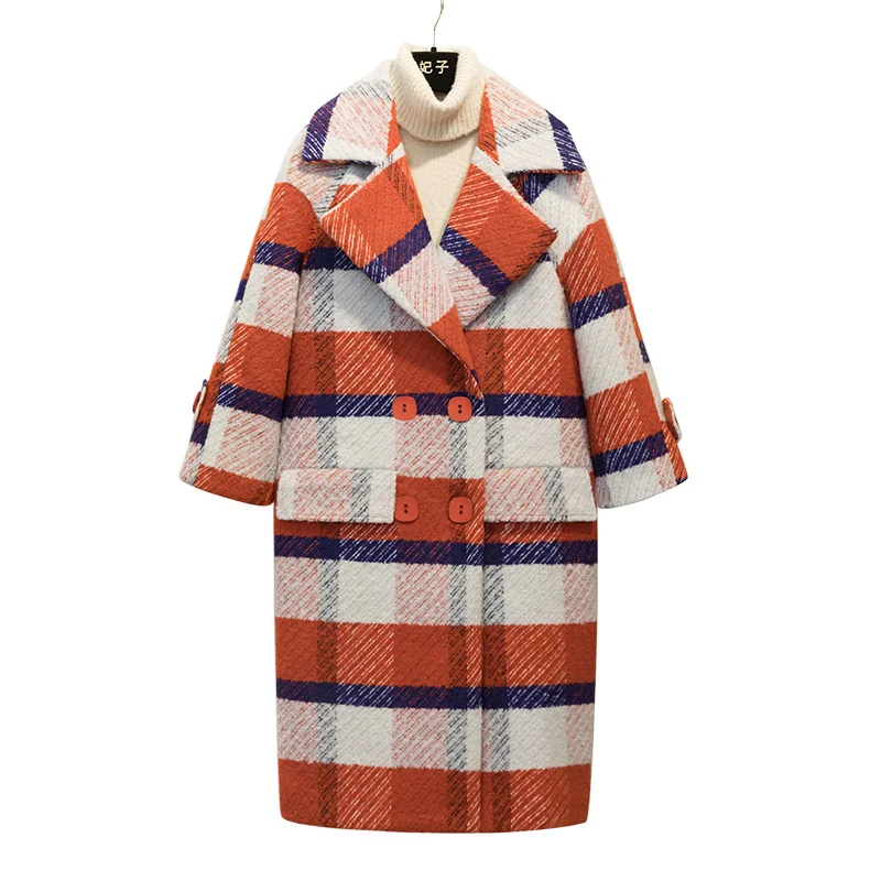 2018 Plaid Wool Coat Winter V-neck Thick Women Long Woman Double Breasted Overcoat Solid | Женская одежда